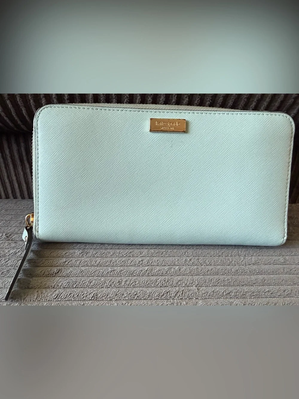 kate spade Light Blue Saffiano Wristlet Wallet Gold Plate